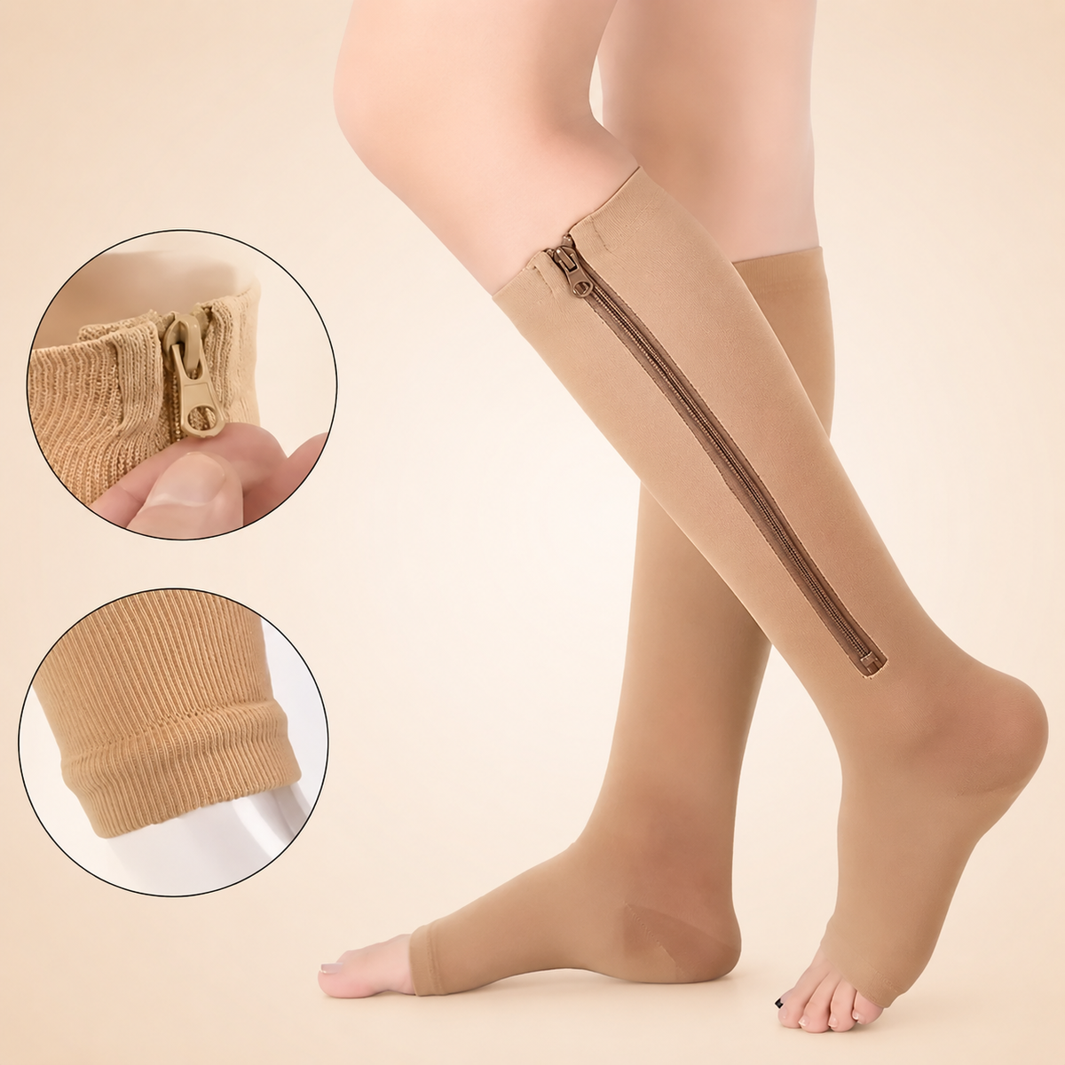 Knee-High Zipper Compression Socks – Open Toe Support for Men & Women