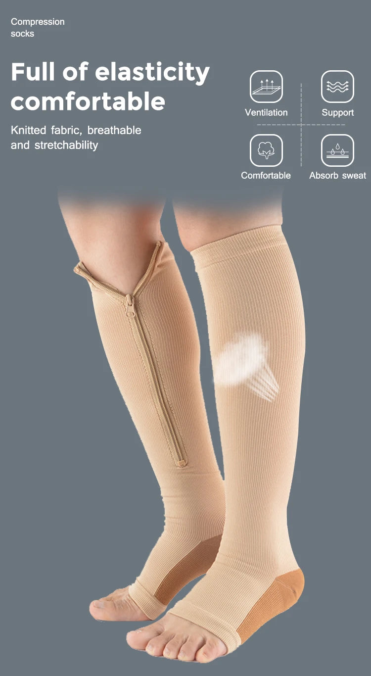 Knee-High Zipper Compression Socks – Open Toe Support for Men & Women