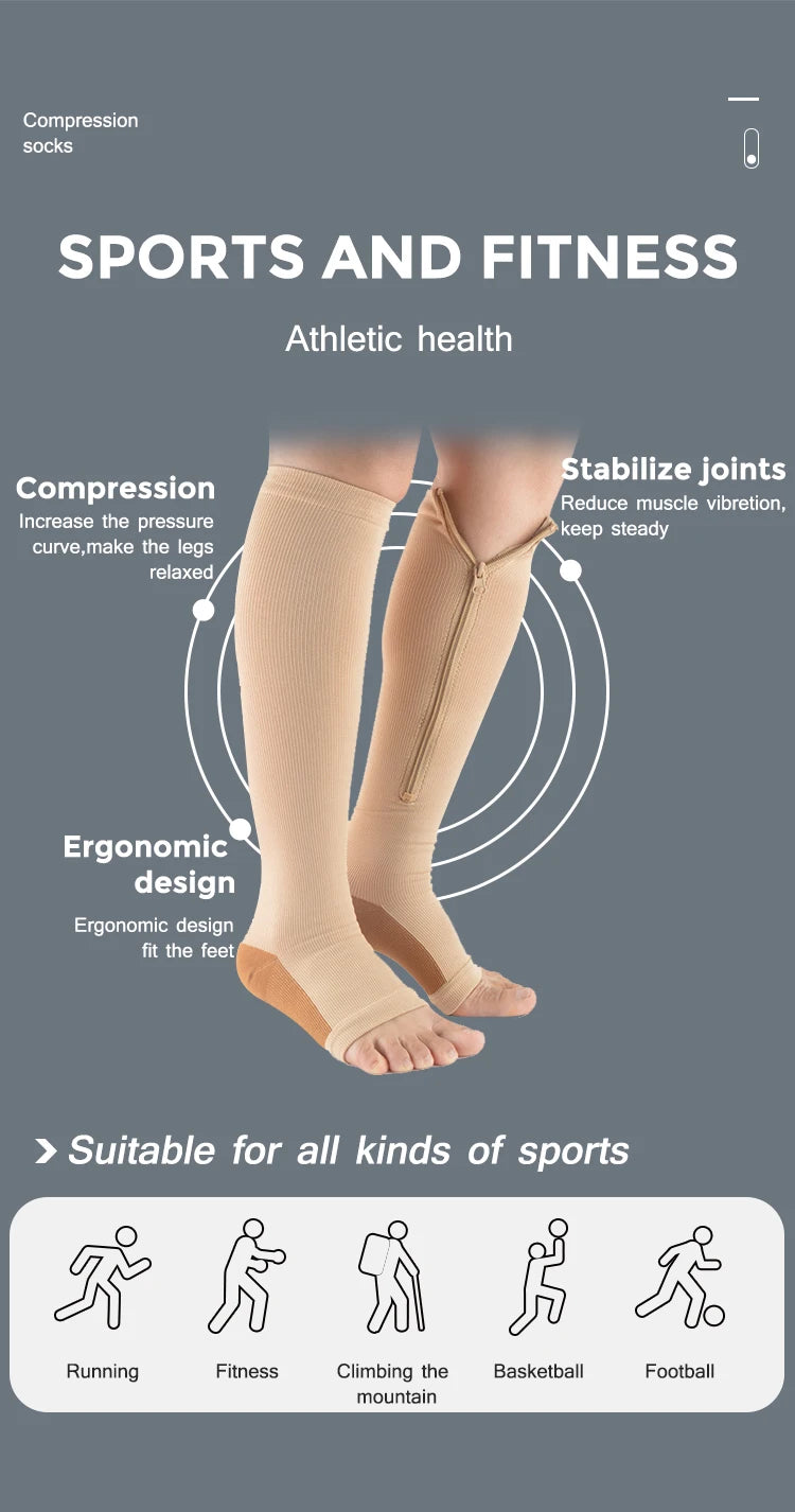 Knee-High Zipper Compression Socks – Open Toe Support for Men & Women