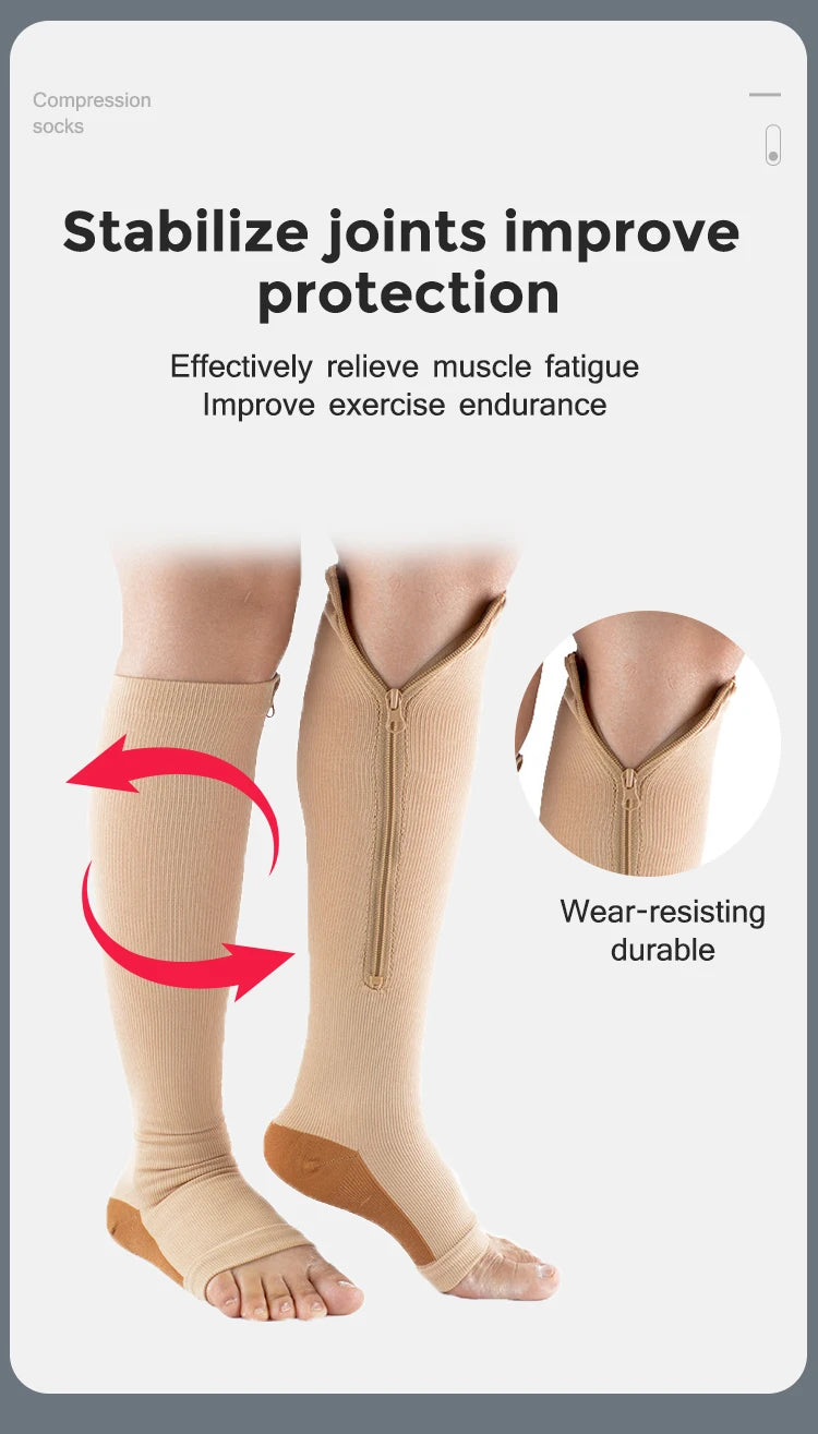 Knee-High Zipper Compression Socks – Open Toe Support for Men & Women