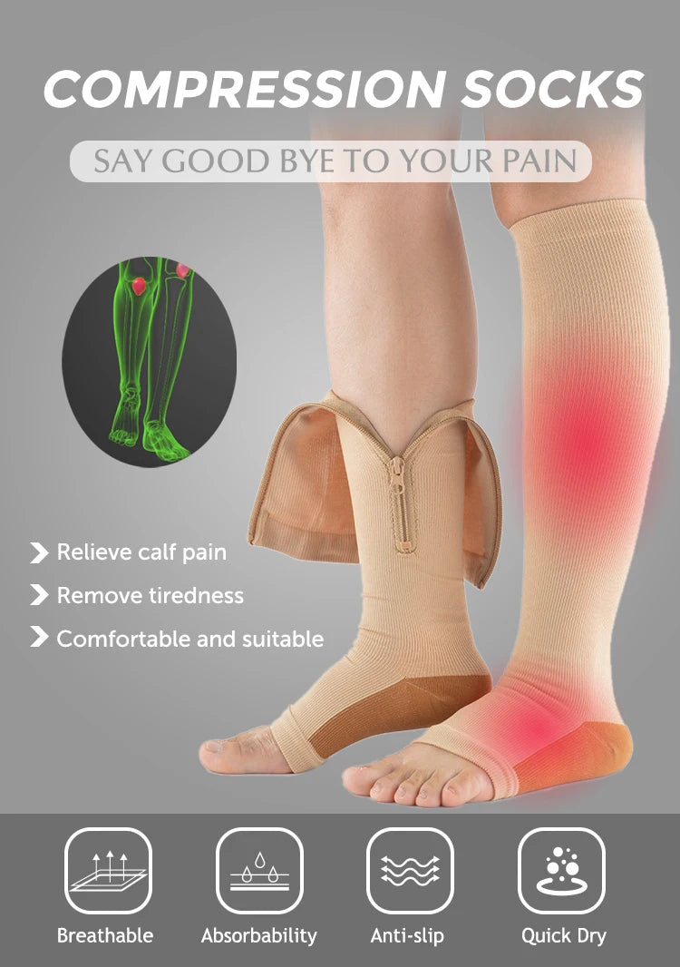 Knee-High Zipper Compression Socks – Open Toe Support for Men & Women